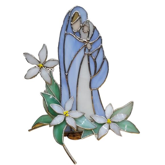 Vtg‎ Stained Glass Virgin Mary Decor Multicolor Floral Religious Free Standing - Picture 1 of 8